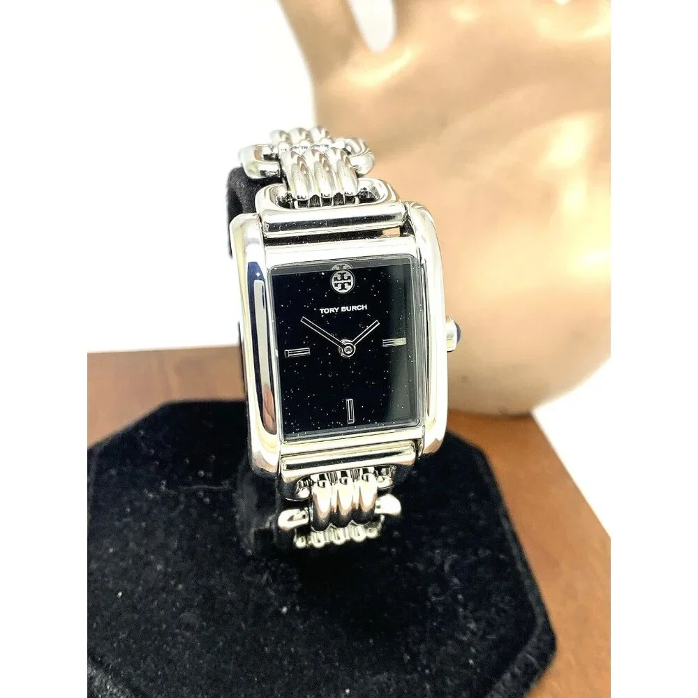 Tory Burch Womens Watch TBW1072 Eleanor Quartz Black Dial Silver Steel Tank 25mm